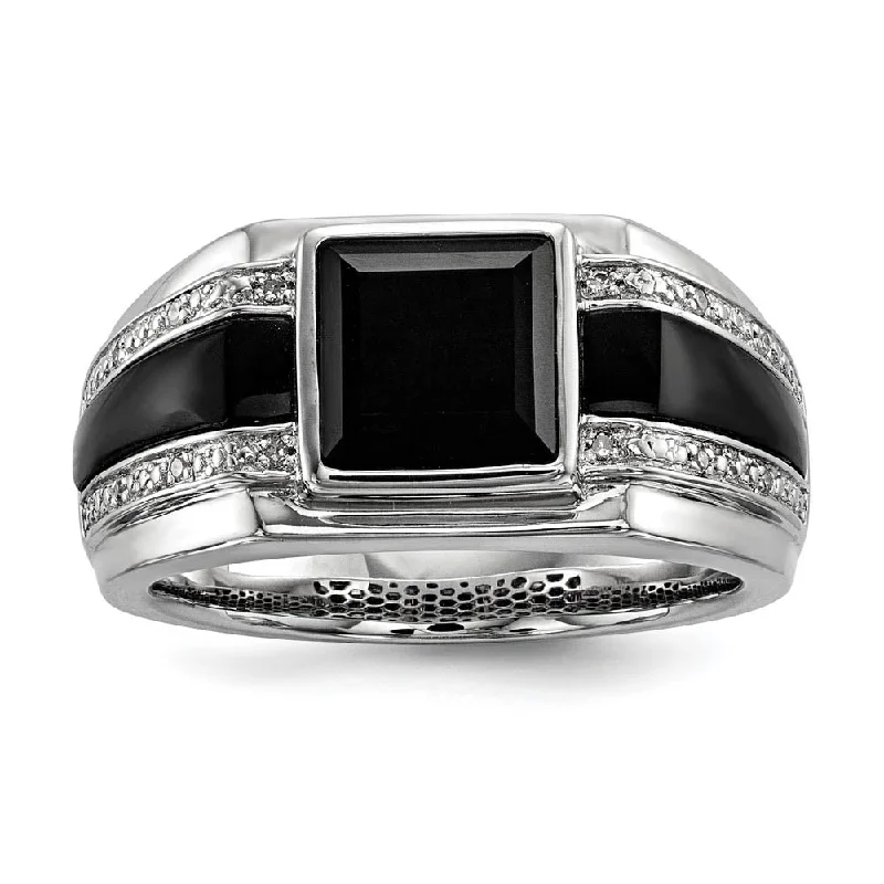 Ladies ring index finger-Mens White Diamond & Black Onyx 11.5mm Tapered Band in Sterling Silver