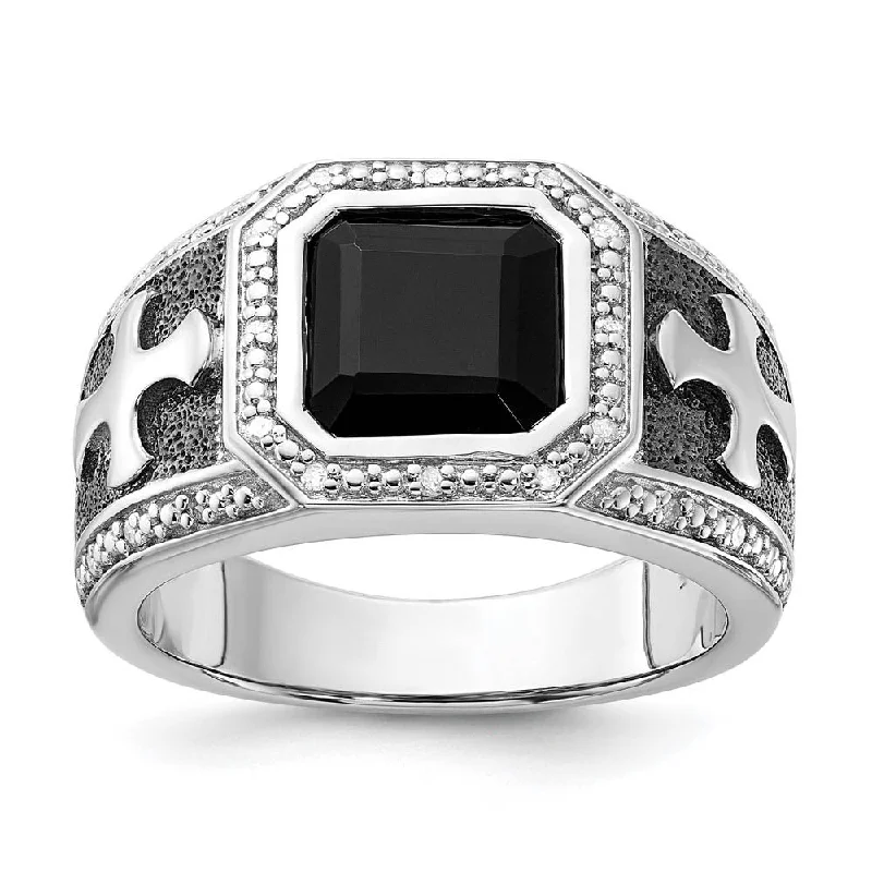 Ladies ring casual look-Black Onyx & Diamond Octagon & Cross Tapered Ring in Sterling Silver