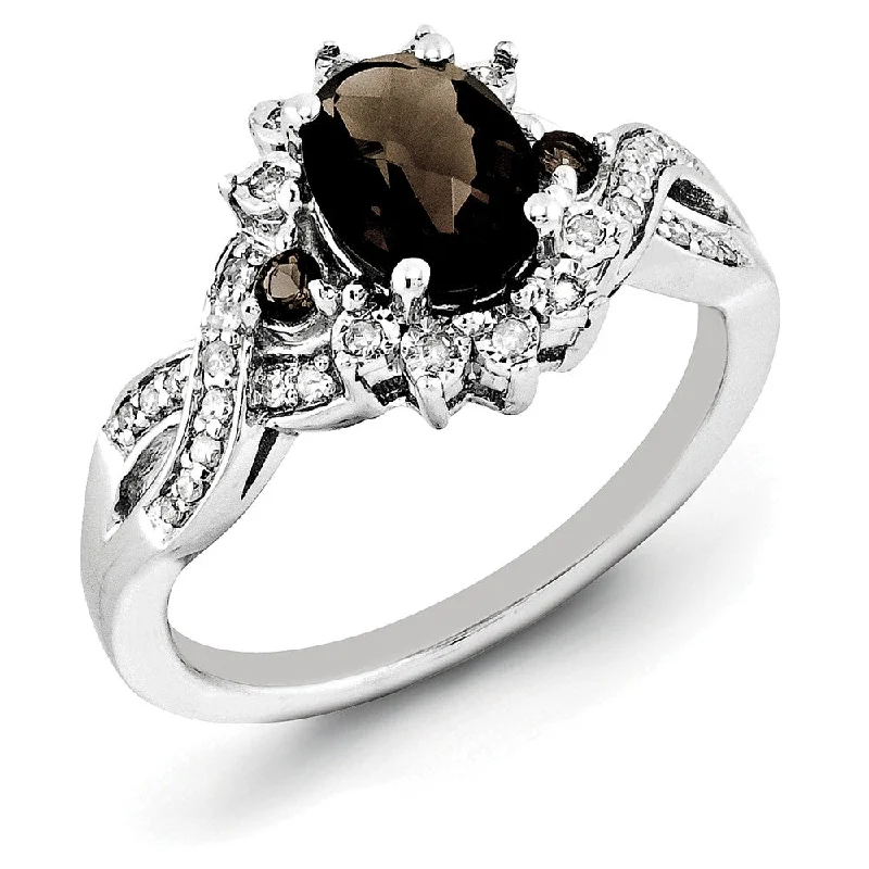 Ladies ring viral picks-Oval Smoky Quartz & .15 Ctw Diamond Halo Sterling Silver Ring