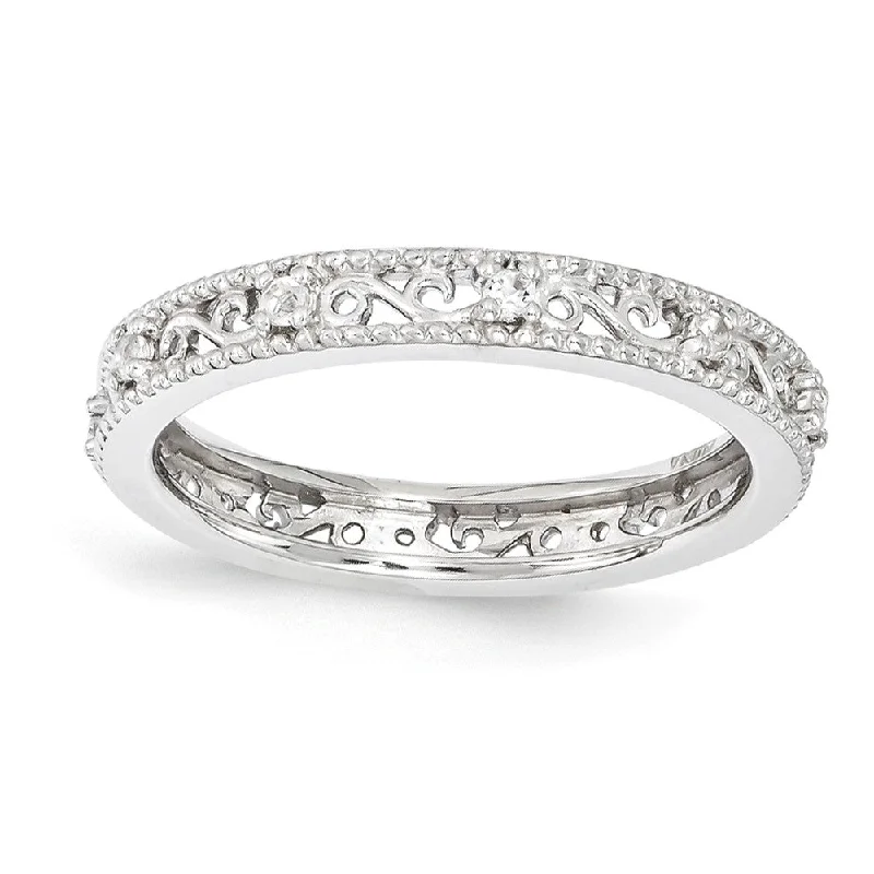 Ladies ring gold styles-3mm Sterling Silver Stackable Expressions White Topaz Scroll Band