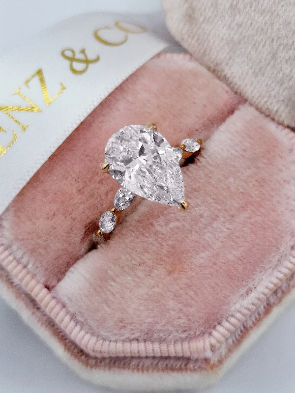 Ladies engagement rings colored stones-3.73 Carats Lab Grown Pear Shaped with Marquise Side Stones Hidden Halo Diamond Engagement Ring