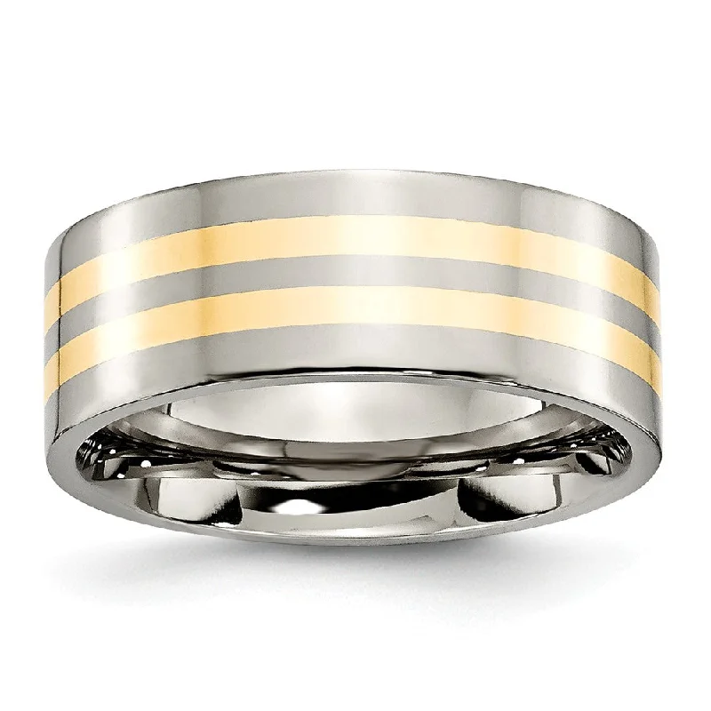 Ladies ring gift ideas-Titanium and 14K Gold Double Striped, 8mm Flat Unisex Comfort Fit Band