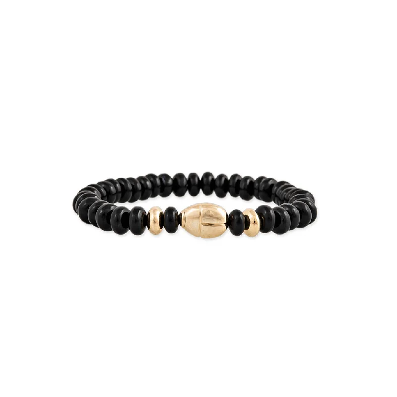 Ladies bracelets birthday gifts-SCARAB + GOLD AND ONYX BEADED STRETCH BRACELET