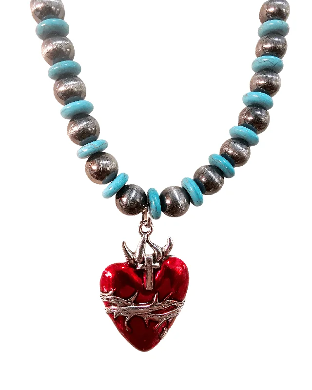 Ladies necklaces anniversary choice-Sacred Heart Enamel Turquoise Necklace