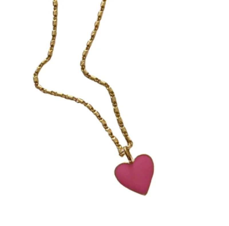 Ladies necklaces simple elegance-Pink Enamel Heart Charm Necklace