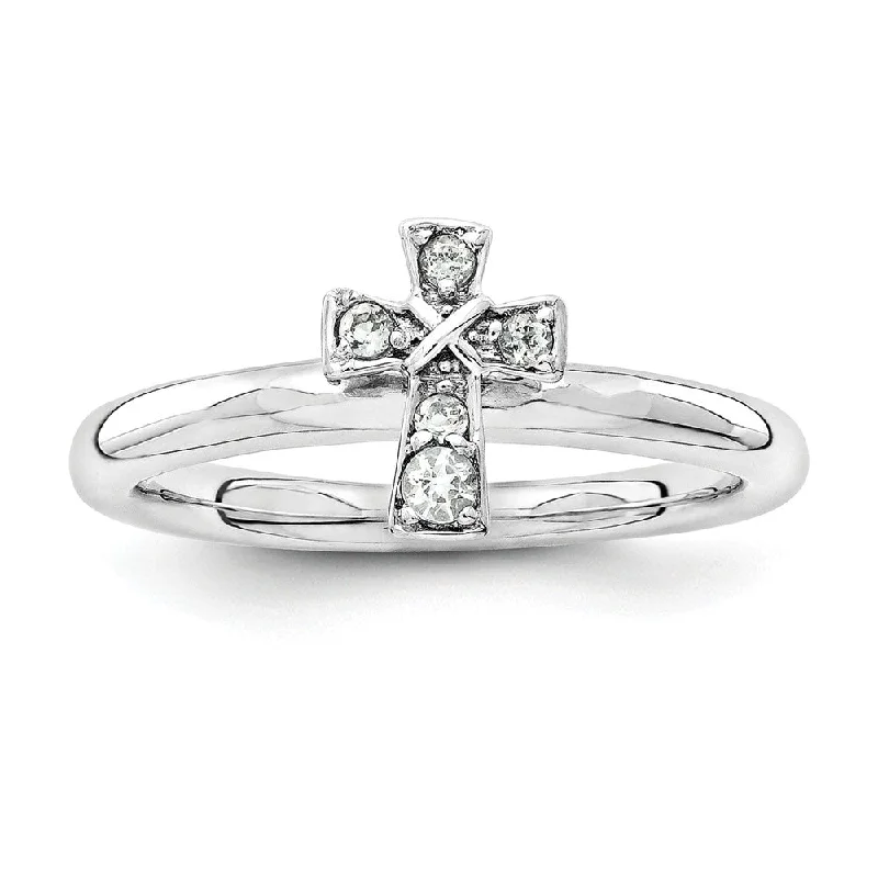 Ladies ring Chinese design-Rhodium Plated Sterling Silver Stackable White Topaz 9mm Cross Ring