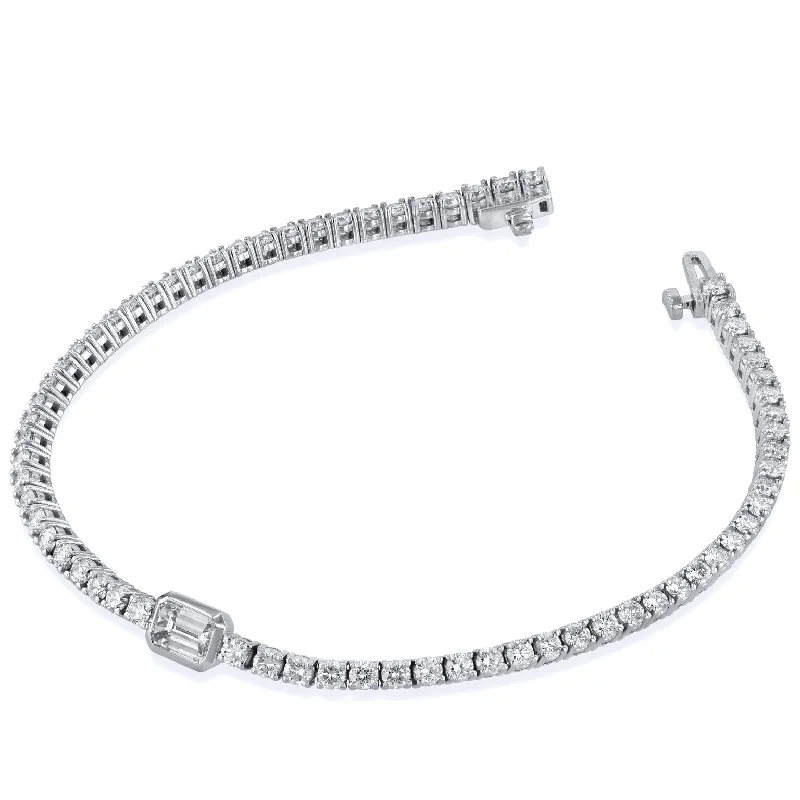 Ladies bracelets discount offers-Center Emerald Cut Diamond White Gold Tennis Bracelet