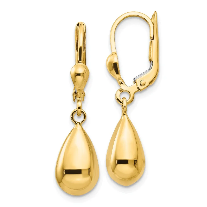 Ladies earrings size guide-Polished 3D Teardrop Lever Back Earrings in 14k Yellow Gold