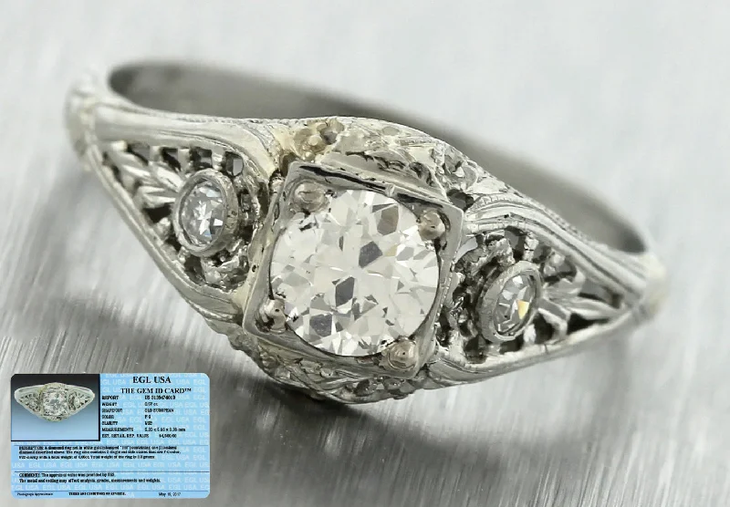 Ladies engagement rings viral designs-Antique Art Deco Estate 18K White Gold .63ctw Diamond Filigree Engagement Ring