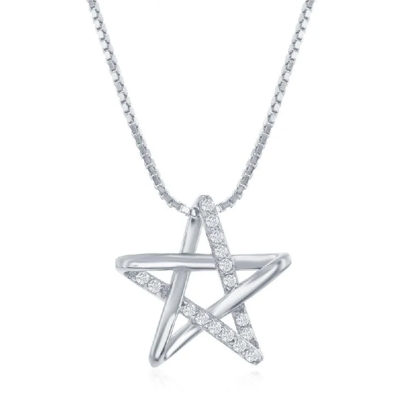 Ladies necklaces minimalist trend-Sterling Silver Rhodium Plated Cubic Zirconia Star Necklace