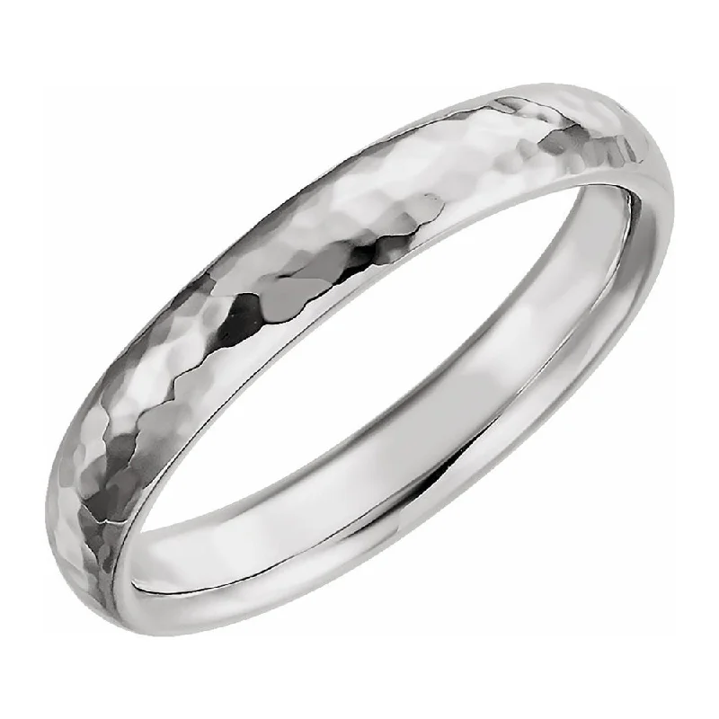 Ladies ring youthful design-4mm 10K White Gold Hammered Half Round Comfort Fit Band