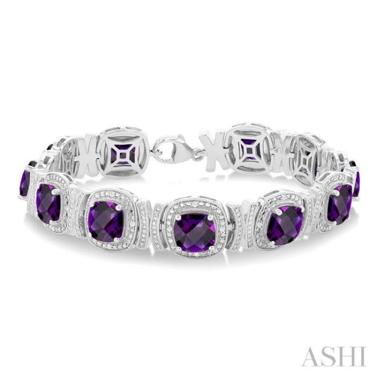 Ladies bracelets Asian-inspired-1/10 ctw Cushion Cut 7X7MM Amethyst and Round Cut Diamond Semi Precious Bracelet in Sterling Silver