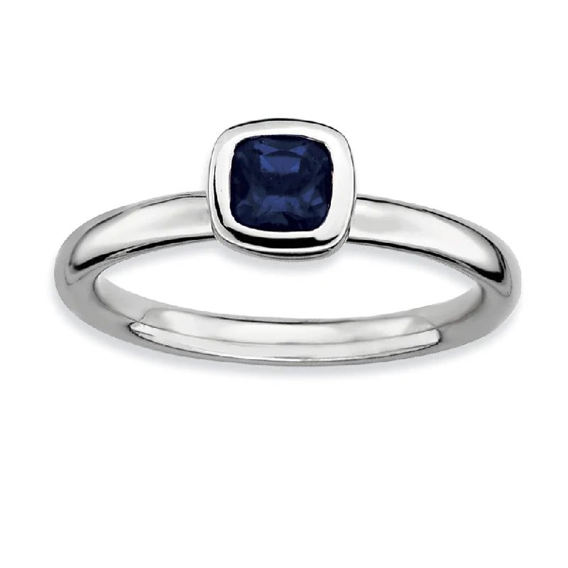 Ladies ring index finger-Silver Stackable Cushion Cut Created Sapphire Solitaire Ring