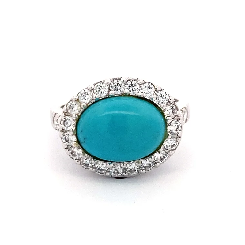 Ladies ring collectible value-Estate Turquoise and CZ Ring in Silver