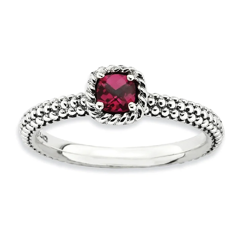 Ladies ring mature appeal-Antiqued Sterling Silver Stackable Created Ruby Ring