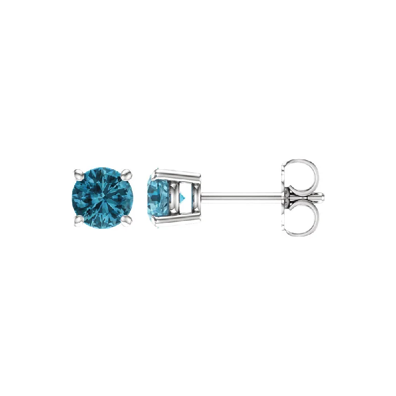 Ladies earrings floral designs-5mm Round Blue Zircon Stud Earrings in 14k White Gold