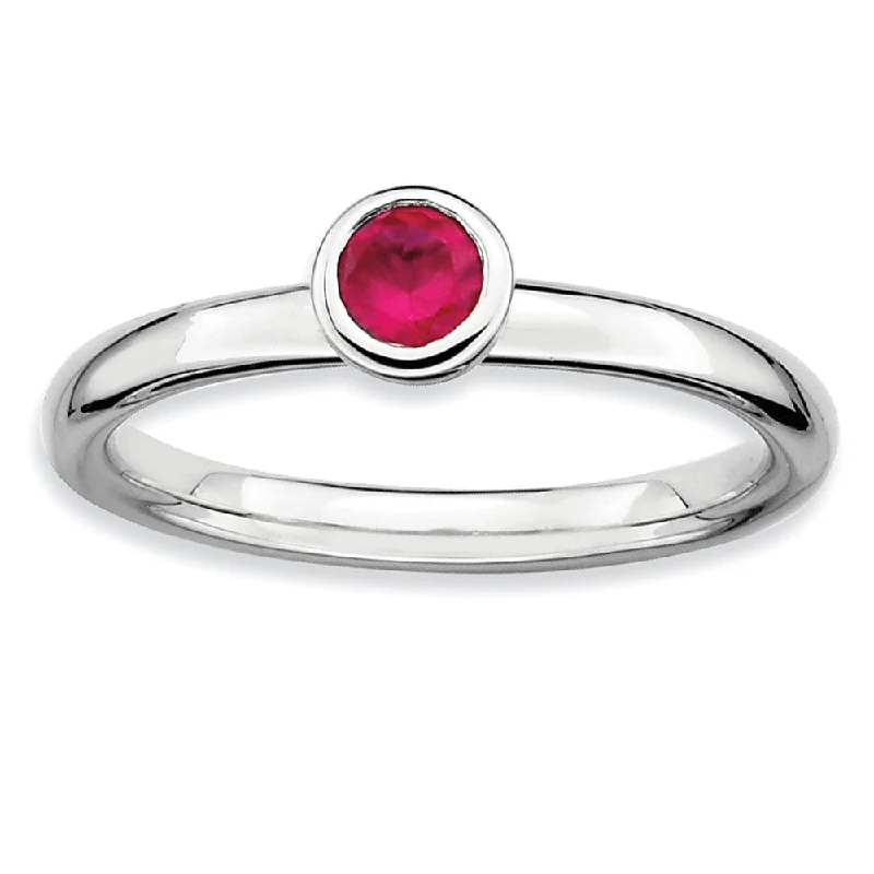 Ladies ring punk elements-Stackable Low Profile 4mm Created Ruby Sterling Silver Ring