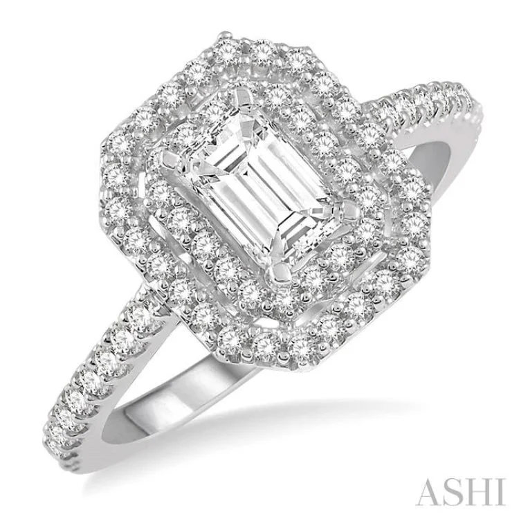 Ladies engagement rings bold designs-1/2 Ctw Diamond Ladies Engagement Ring with 1/4 Ct Emerald Cut Center Stone in 14K White Gold