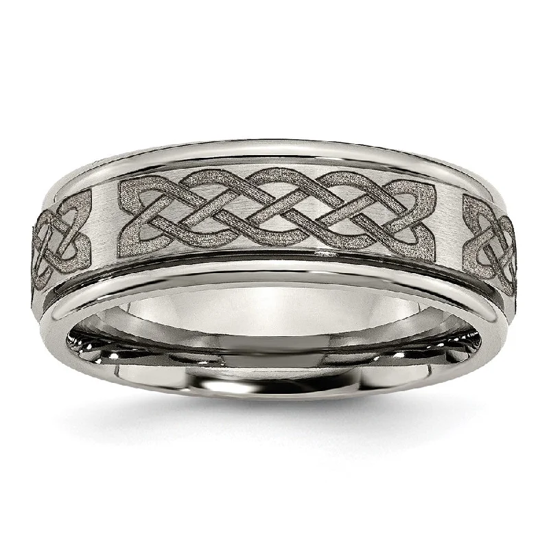 Ladies ring engraved names-8mm Titanium Celtic Etched Design Grooved Edge Standard Fit Band