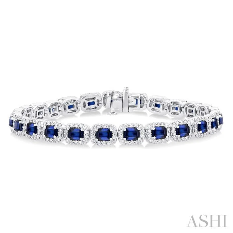 Ladies bracelets titanium options-2 1/5 ctw 4X3MM Sapphire and Round Cut Diamond Halo Precious Tennis Bracelet in 14K White Gold