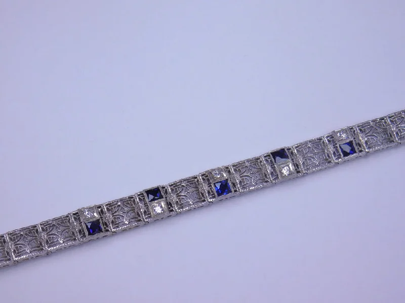 Ladies bracelets designer brands-14K ART DECO DIAMOND AND BLUE STONE BRACELET