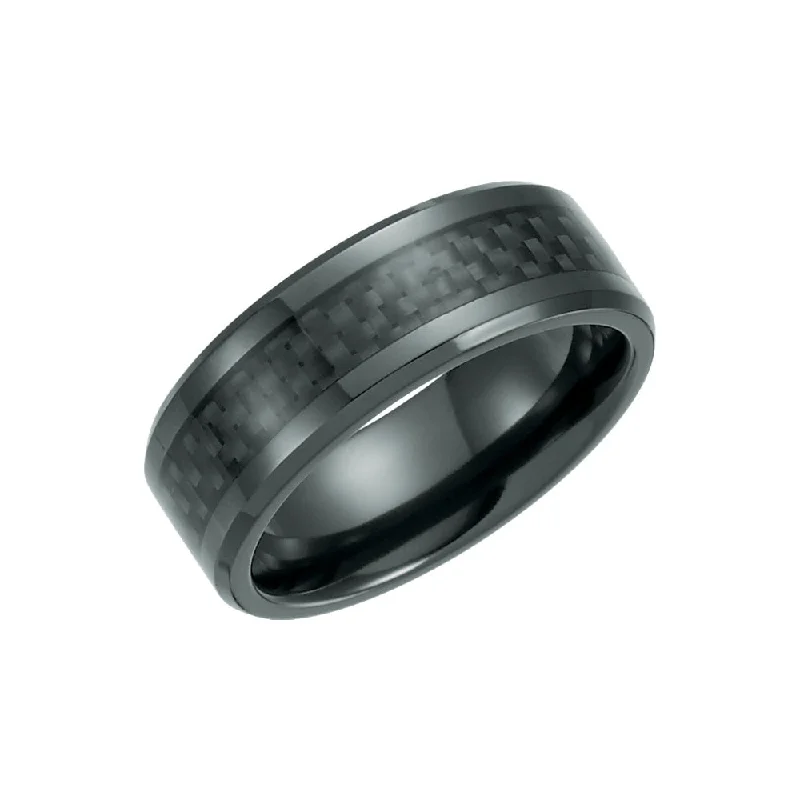 Ladies ring engagement picks-8mm Black Titanium & Black Carbon Fiber Beveled Comfort Fit Band