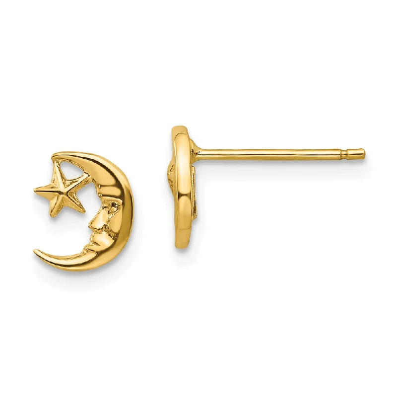 Ladies earrings unique designs-Mini Crescent Moon and Star Post Earrings in 14k Yellow Gold