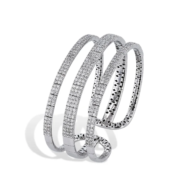 Ladies bracelets one-of-a-kind-Three Row White Gold Diamond Cuff Bracelet