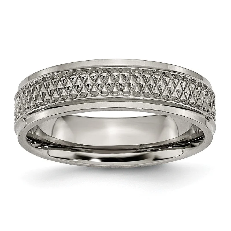 Ladies ring gold styles-Titanium 6mm Ridged Edge And Weave Design Comfort Fit Band