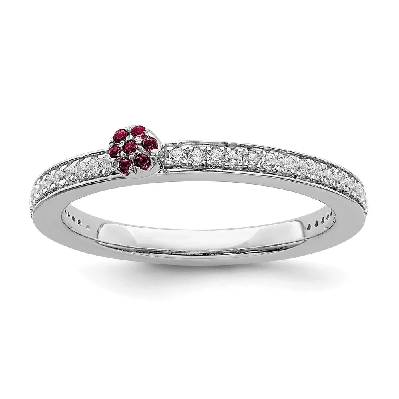 Ladies ring middle finger-14k White Gold, Created Ruby & 1/8 Ctw Diamond Stackable Ring