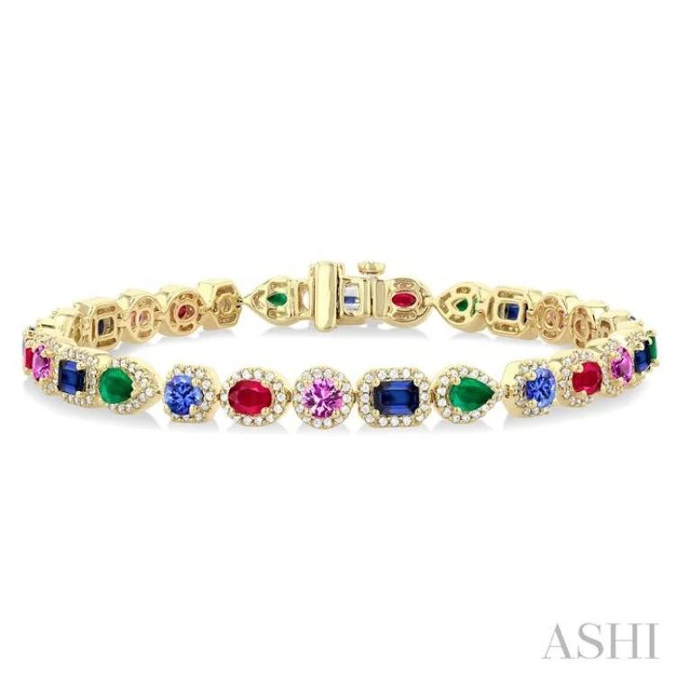 Ladies bracelets retail shops-4X3MM & 4MM Mixed Shape Gemstone Rainbow and 1 1/3 ctw Round Cut Diamond Halo Precious Tennis Bracelet in 14K Yellow Gold