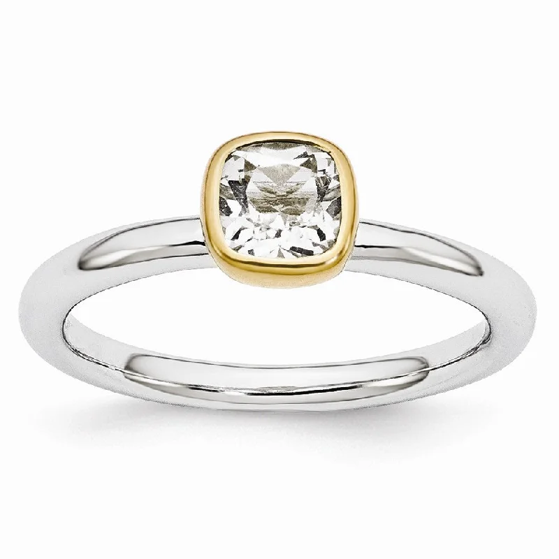 Ladies ring rose gold-Two Tone Sterling Silver Stackable 5mm Cushion White Topaz Ring