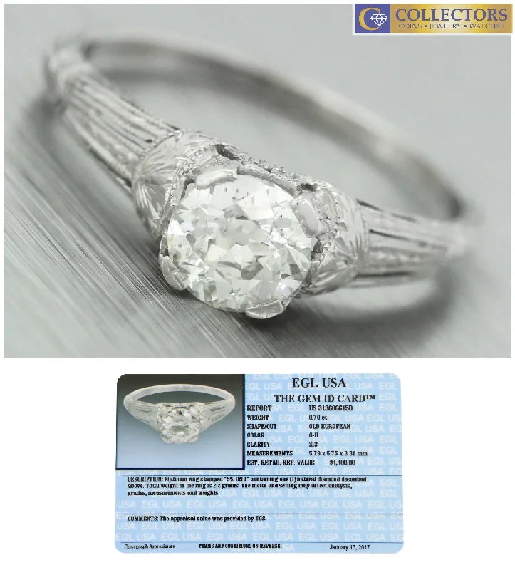 Ladies engagement rings natural gems-$4,400 Ladies Antique Art Deco Platinum 0.70ct Diamond Engagement Ring EGL USA