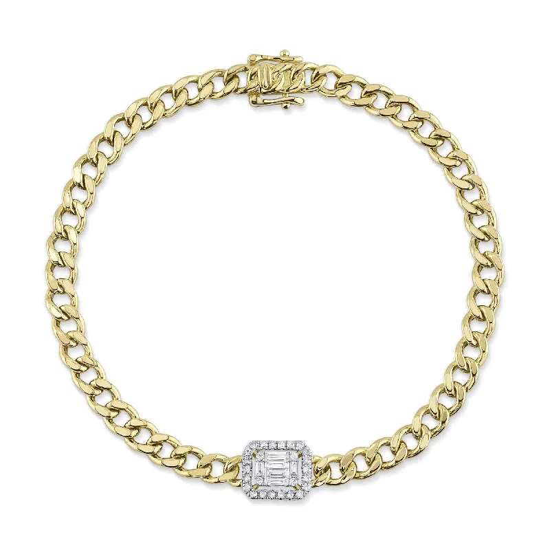 Ladies bracelets pearl details-14kt. yellow gold Diamond pave and diamond Baguette link Bracelet / 0.30ct TW Diamond Pave