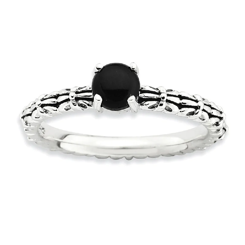 Ladies ring youthful design-Antiqued SS Stackable Black Agate Ring