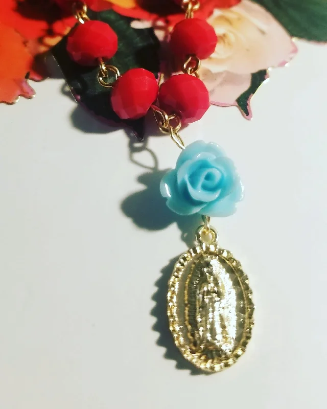 Ladies necklaces white gold-Virgen Guadalupe Rosary Charm Necklace