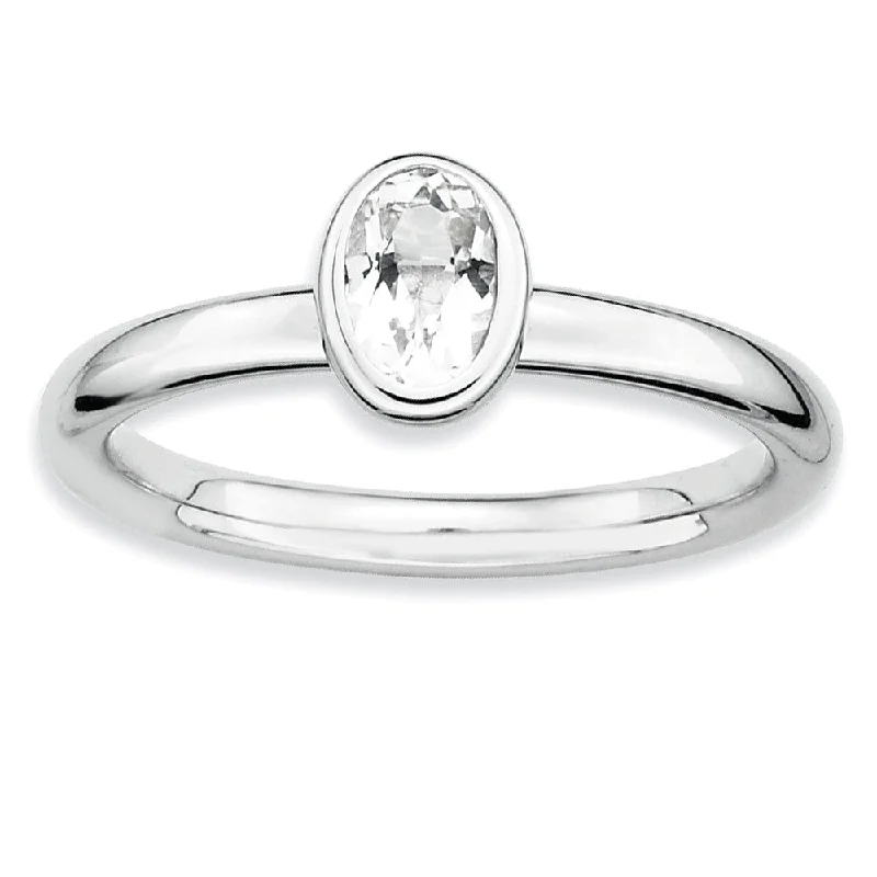 Ladies ring pure silver-Silver Stackable Oval White Topaz Solitaire Ring