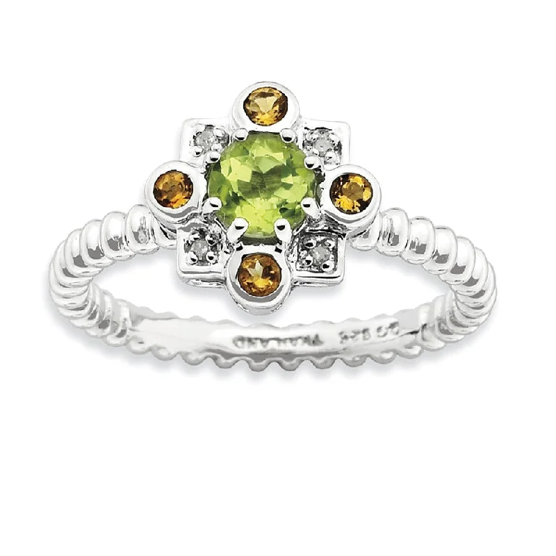 Sterling Silver Stackable Peridot, Citrine & .02ctw HI/I3 Diamond Ring