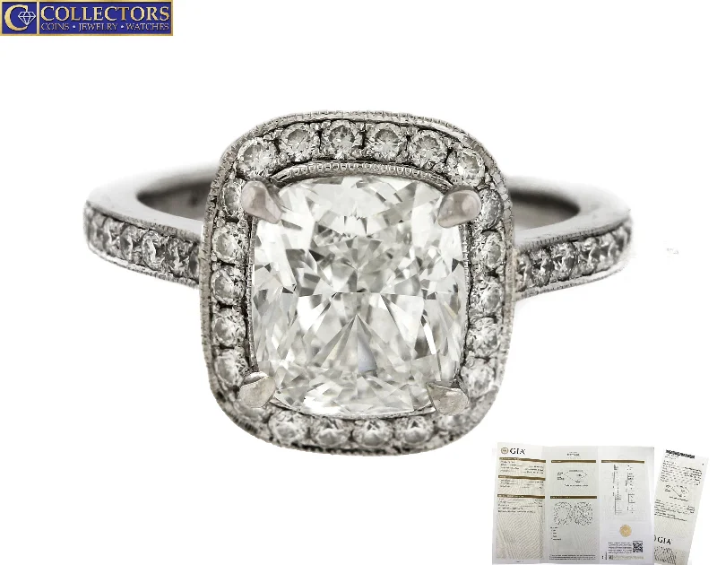 Ladies engagement rings eco-friendly-GIA Cushion Cut Modified Brilliant 2.51ct Diamond Engagement Ring in Platinum