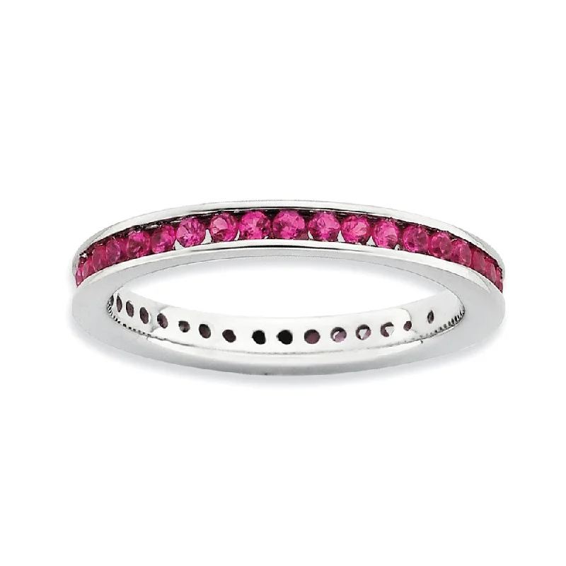 Ladies ring daily wear-2.5mm Sterling Silver Stackable Created Ruby Channel Eternity Band