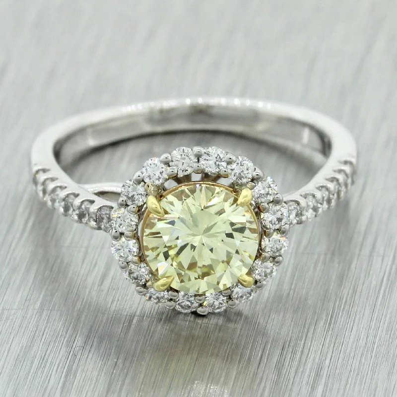 Ladies engagement rings customer reviews-Modern 18k White Gold 1.27ct Fancy Yellow Diamond Halo Engagement Ring EGL $9300