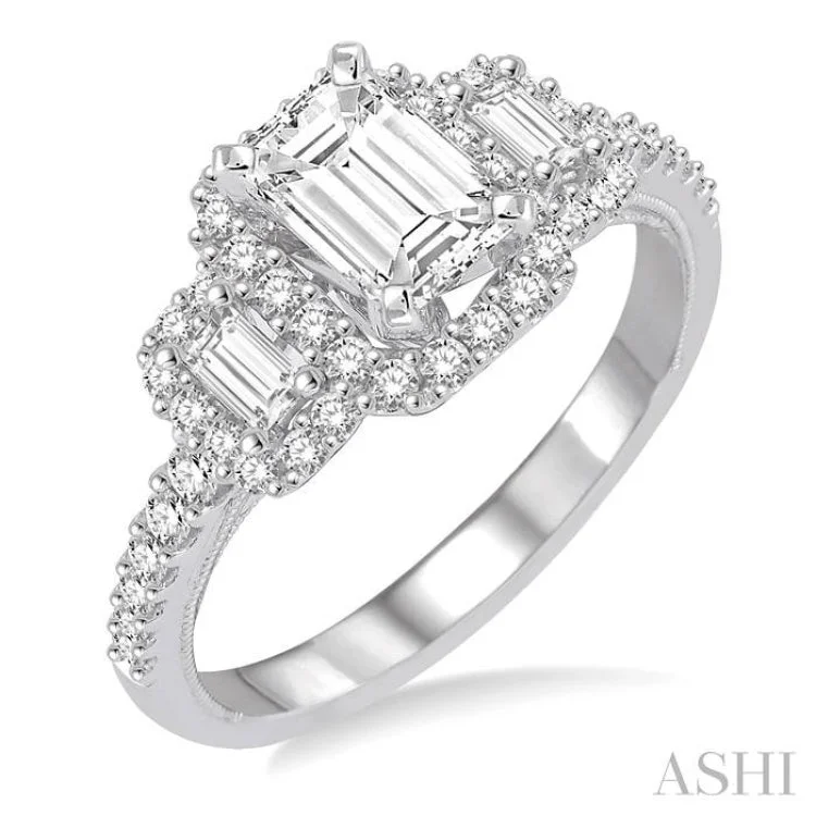 Ladies engagement rings pear cut-1 1/3 Ctw Diamond Engagement Ring with 3/4 Ct Emerald Cut Center Stone in 14K White Gold