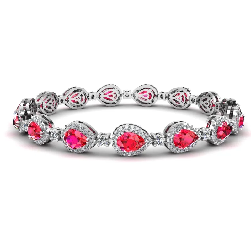 Ladies bracelets online stores-Halo Pear Shape 9 Carat Ruby and Diamond Halo Bracelet BRHAPSR