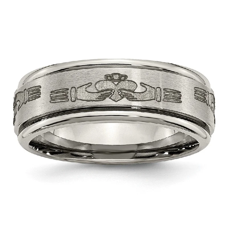 Ladies ring wedding bands-8mm Titanium Laser Etched Claddagh Grooved Edge Standard Fit Band