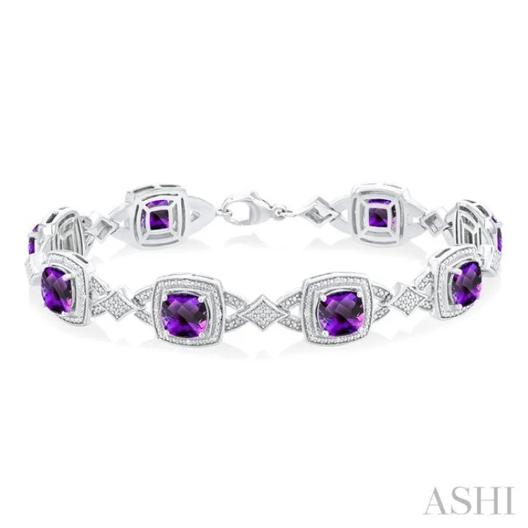 Ladies bracelets memory keepsakes-1/10 ctw Cushion Cut 7X7MM Amethyst and Round Cut Diamond Semi Precious Bracelet in Sterling Silver