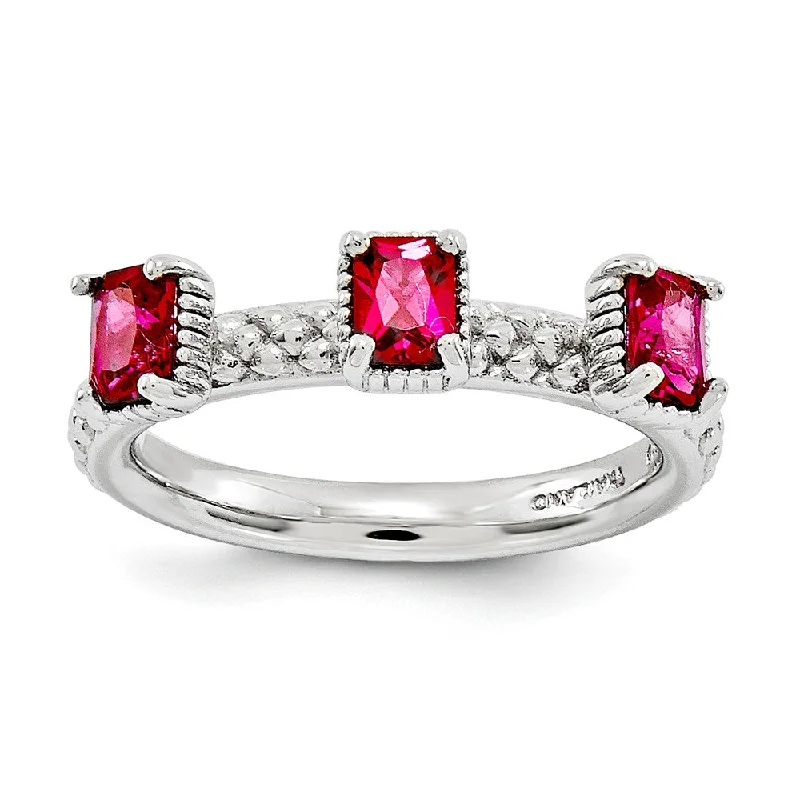 Ladies ring Chinese design-Sterling Silver Stackable Created Ruby Octagon Three Stone Ring