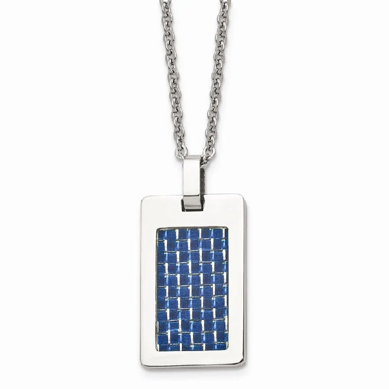 Ladies necklaces designer brands-Stainless Steel Polished with Blue Carbon Fiber Inlay Dog Tag Necklace