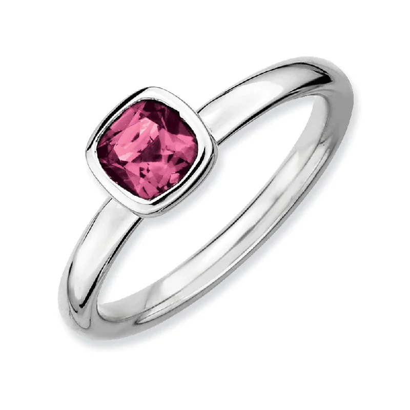 Ladies ring lightweight-Silver Stackable Cushion Cut Pink Tourmaline Solitaire Ring