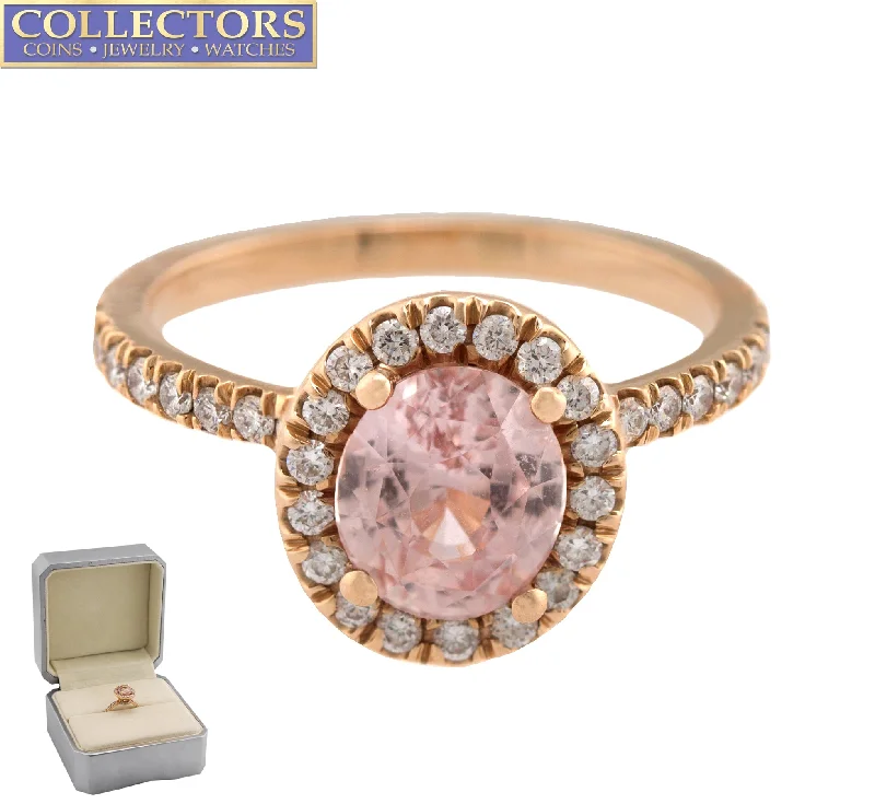 Ladies engagement rings buying guide-Ladies 14K Rose Gold 1.86ct Oval Cut Pink Sapphire Diamond Halo Engagement Ring