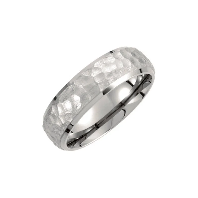 Ladies ring pure silver-7mm Titanium Hammered Domed Comfort Fit Band